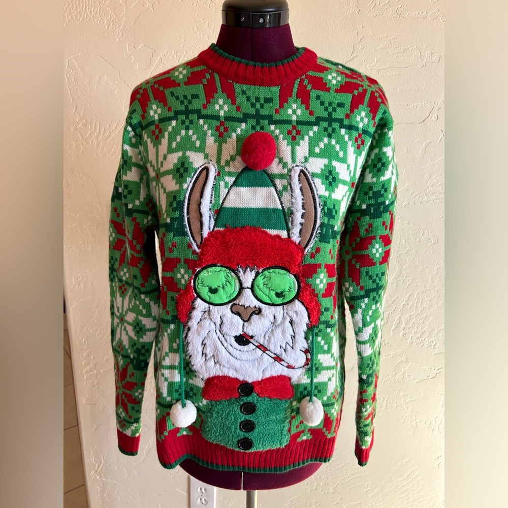 Celebrate together, ugly Christmas sweater with llama